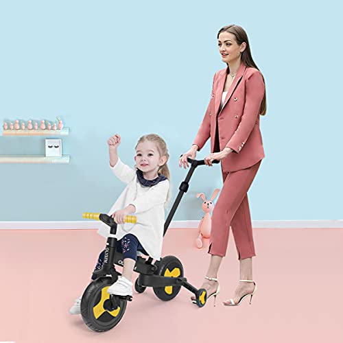 OLYSPM 5 en 1 Triciclo Bebé Plegables Bicicleta sin Pedales para 1-6 Años Niños,Triciclo para Bebes con Pedales Desmontables y Ruedas Auxiliares,Triciclo Evolutivo(Amarillo)