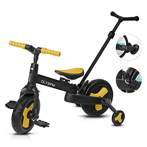 OLYSPM 5 en 1 Triciclo Bebé Plegables Bicicleta sin Pedales para 1-6 Años Niños,Triciclo para Bebes con Pedales Desmontables y Ruedas Auxiliares,Triciclo Evolutivo(Amarillo)