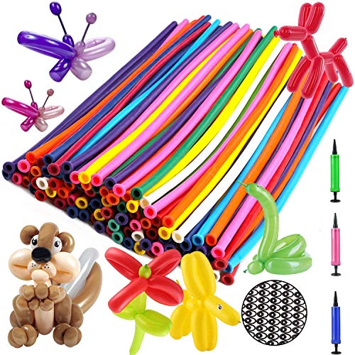 OOTSR Balloon Animal Making Kit, 260Q Long Animal Balloons (100pcs), Unbreakable Air Pump 1pc, Eye Stickers 1 Sheet - Thickening Latex Twisting Balloons for Wedding Birthday Clown Party Decorations