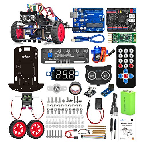 OSOYOO Model-3 V2.0 DIY Robot Car Kit for Arduino – Basic Board for UNO R3, Motor Shield, Line Tracking, Ultrasonic Sensor, Bluetooth, IR Remote Control – Battery and Charger Included