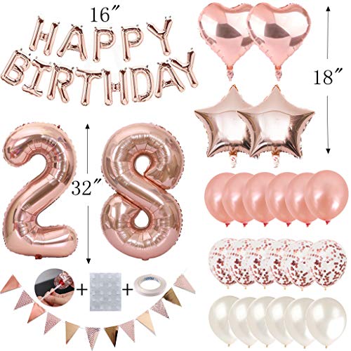 Ouceanwin 28 Cumpleaños Decoraciones Oro Rosa, Globos Numeros Gigante 28, Bandera de Globos Happy Birthday, Globos de Confeti, 28 años Fiesta de Cumpleaños Kit para Niñas y Mujeres