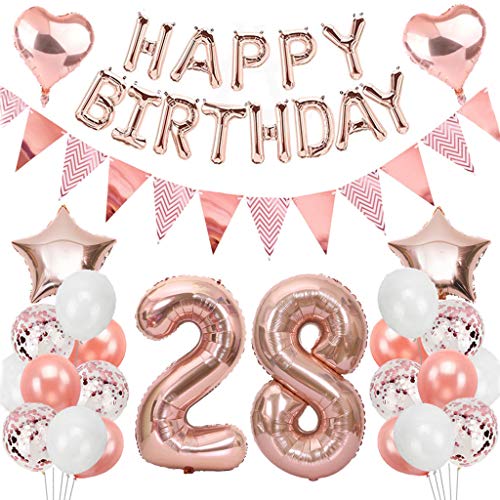 Ouceanwin 28 Cumpleaños Decoraciones Oro Rosa, Globos Numeros Gigante 28, Bandera de Globos Happy Birthday, Globos de Confeti, 28 años Fiesta de Cumpleaños Kit para Niñas y Mujeres