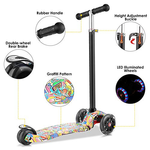 OUTCAMER Patinete para Niños 3 a 12 Años Patinete 3 Ruedas Luces LED y Altura Ajustable 76-86cm Pedal Antideslizante Scooter Patinete Niño y Niña Regalo de Pascua y Festival