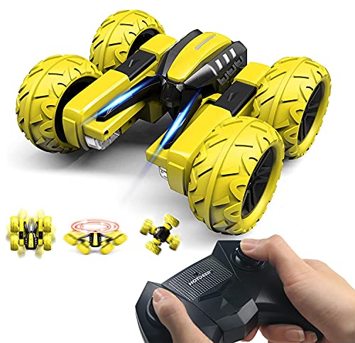 OUTTUO Stunt Coche Teledirigido Anfibio 2.4GHz Stunt RC Juguetes Control Remoto de Rotación Volteo de 360° Coche para con Luces LED Regalo con Destornillador Coche Teledirigido Recargable-Giallo