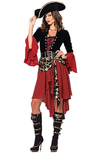 Ovender Disfraz de Carnaval Mono Mascarada Princesa Pirata Mujer con Sombrero y Cinturón Vestido Niña Cosplay Vestido Fiesta Adulta (Negro Rojo, M)