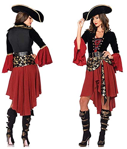 Ovender Disfraz de Carnaval Mono Mascarada Princesa Pirata Mujer con Sombrero y Cinturón Vestido Niña Cosplay Vestido Fiesta Adulta (Negro Rojo, M)