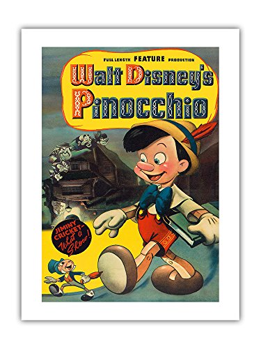 Pacifica Island Art Pinocho de Walt Disney - con Pepito Grillo - Póster de película c.1940 - Impresión de Arte de Papel Premium de Bambú 290gsm - 43x56cm