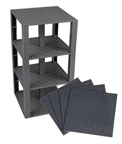 Pack de 4 Bases con Ladrillos separadores 2 x 2 - Construcción en Forma de Torre - Compatible con Todas Las Marcas - 15,24 x 15,24 cm - Gris Oscuro