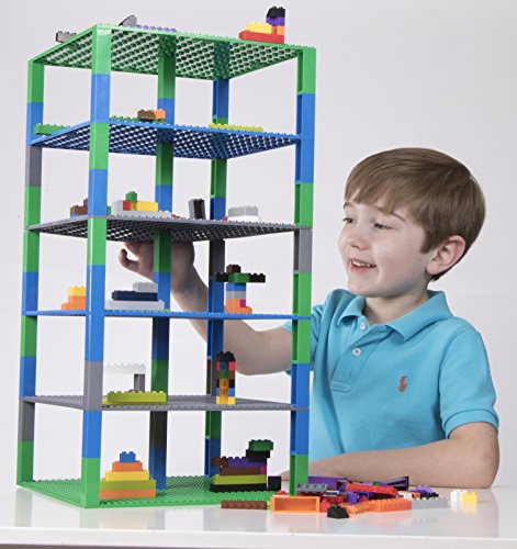 Pack de 6 Bases apilables con 50 Ladrillos separadores 2 x 2 - Construcción en Forma de Torre - Compatible con Todas Las Marcas - 25,4 x 25,4 cm - Azul, Verde, Gris