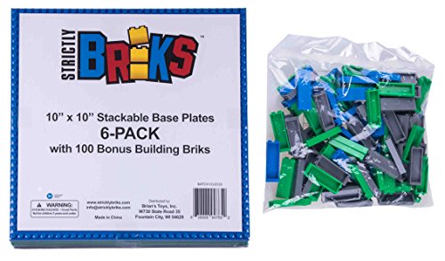 Pack de 6 Bases apilables con 50 Ladrillos separadores 2 x 2 - Construcción en Forma de Torre - Compatible con Todas Las Marcas - 25,4 x 25,4 cm - Azul, Verde, Gris