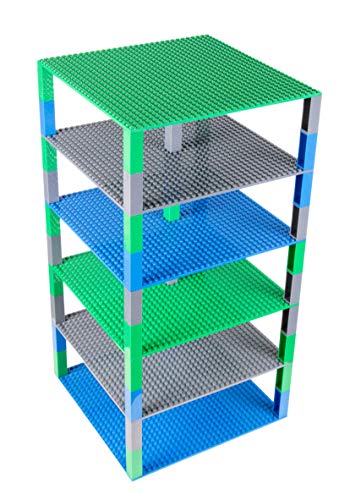 Pack de 6 Bases apilables con 50 Ladrillos separadores 2 x 2 - Construcción en Forma de Torre - Compatible con Todas Las Marcas - 25,4 x 25,4 cm - Azul, Verde, Gris