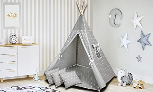 PALULLI Tipi - Tienda de campaña para niños con estera y sistema anticolapso y 4 cojines decorativos de lona de algodón (estrellas)