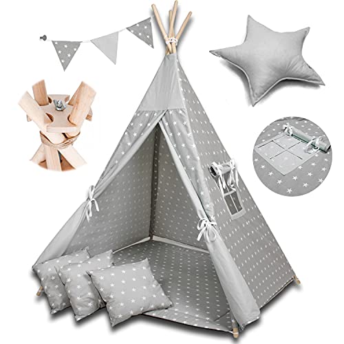 PALULLI Tipi - Tienda de campaña para niños con estera y sistema anticolapso y 4 cojines decorativos de lona de algodón (estrellas)