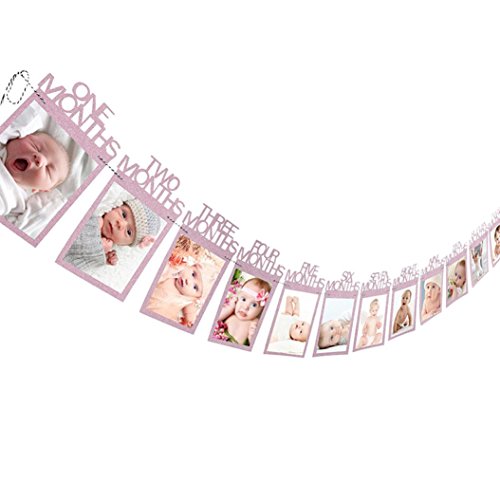 Pared de la foto del bebé, Ularma Niños Cumpleaños Regalo Decoraciones 1-12 Meses Foto Banner Mensual Pared De La Foto 14X23cm (Rosa)