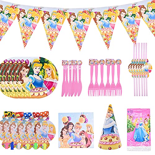 Party Vajilla Princesse, ALHX 54 Pcs Princesse Artículos de Fiesta Party Vajilla Platos Tazas Servilletas Mantel,Feliz cumpleaños Decoraciones Suministros Fiestas Regalos Tema