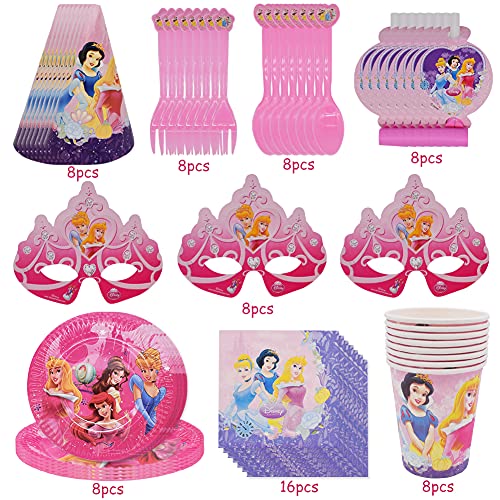 Party Vajilla,CYSJ 72 PCS Princesse Vajilla de Cumpleaños Desechable, Vajilla de Fiesta TemÁTica de Disney Plato Taza Servilleta Tenedor Cuchillo Mantel Banderín