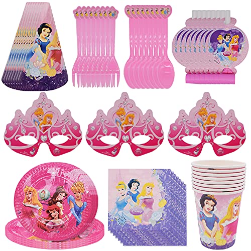 Party Vajilla,CYSJ 72 PCS Princesse Vajilla de Cumpleaños Desechable, Vajilla de Fiesta TemÁTica de Disney Plato Taza Servilleta Tenedor Cuchillo Mantel Banderín