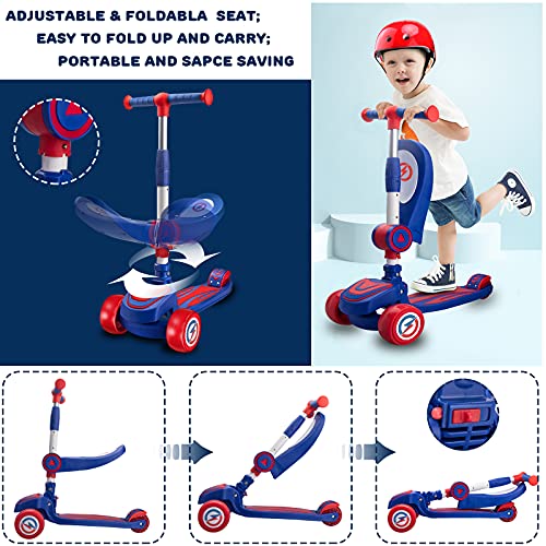 Patinete de 3 Ruedas,Achiyway Patinetes para Niños y Niño 2 a 6 con Asiento Plegable y Manillar Altura Ajustable Patinete,3 Ruedas LED Extra Anchas Luminosas Deportivos Juegos Scooter Apoyan 50 Kg