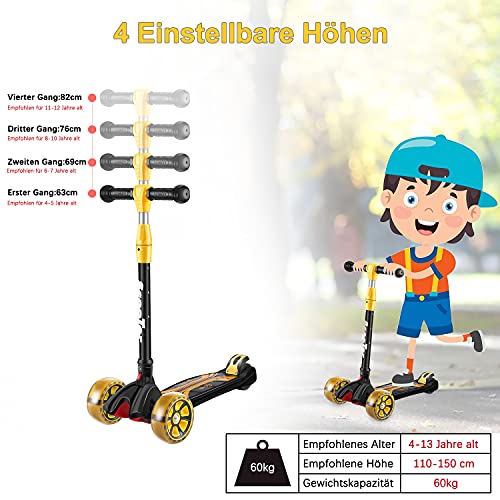 Patinete Infantil Patinete Plegable De Tres Ruedas, Patinete 3 Ruedas Con Ruedas LED De Poliuretano, Ruedas Traseras Dobles, Altura Abatible Regulable, Apto Para Niños Y Niñas De 4 a 12 Años