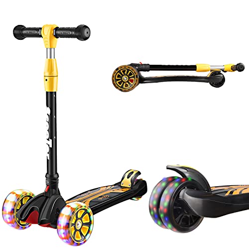 Patinete Infantil Patinete Plegable De Tres Ruedas, Patinete 3 Ruedas Con Ruedas LED De Poliuretano, Ruedas Traseras Dobles, Altura Abatible Regulable, Apto Para Niños Y Niñas De 4 a 12 Años