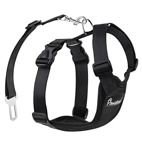 Pawaboo Cinturón de Arnés de Chaleco de Seguridad para Perros, Mascotas Arnés Ajustable para el Conductor para Perros de 11 lb-33 LB, Negro