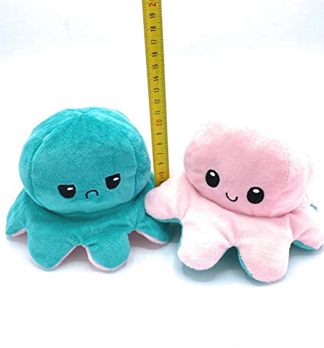 Peluche de Felpa Pulpo Reversible, Pulpo de Doble Cara, una Cara Sonriente y la Otra Cara Triste, para Expresar Tus propias emociones. (Verde Turquesa y Rosa)