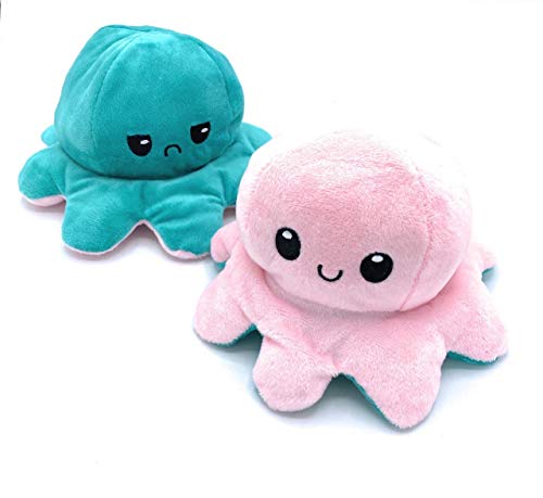 Peluche de Felpa Pulpo Reversible, Pulpo de Doble Cara, una Cara Sonriente y la Otra Cara Triste, para Expresar Tus propias emociones. (Verde Turquesa y Rosa)