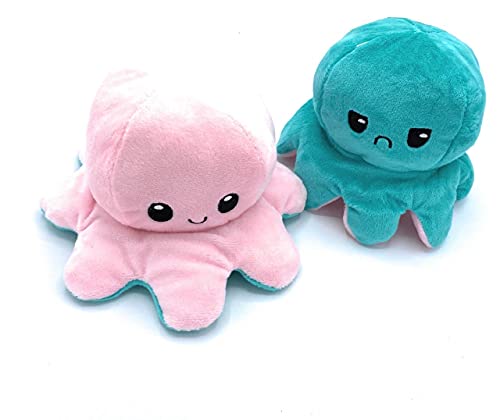 Peluche de Felpa Pulpo Reversible, Pulpo de Doble Cara, una Cara Sonriente y la Otra Cara Triste, para Expresar Tus propias emociones. (Verde Turquesa y Rosa)