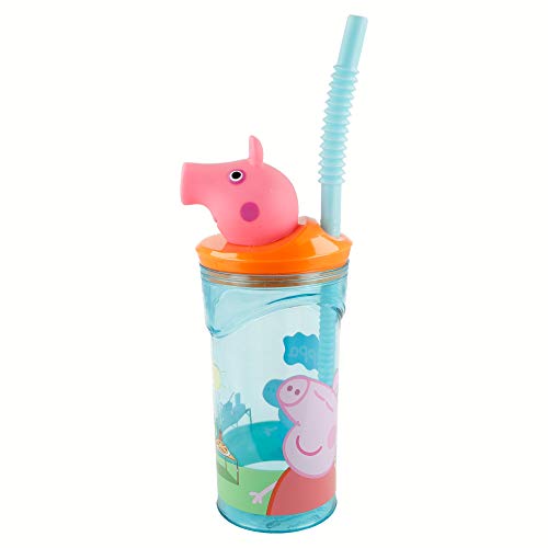 PEPPA PIG | Vaso para niños de plástico con pajita y tapa - diseño infantil con figurita 3D y capacidad de 360 ML - sin BPA