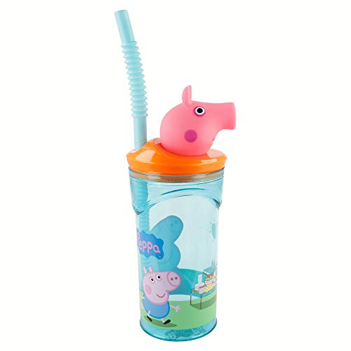 PEPPA PIG | Vaso para niños de plástico con pajita y tapa - diseño infantil con figurita 3D y capacidad de 360 ML - sin BPA