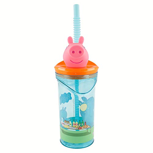 PEPPA PIG | Vaso para niños de plástico con pajita y tapa - diseño infantil con figurita 3D y capacidad de 360 ML - sin BPA