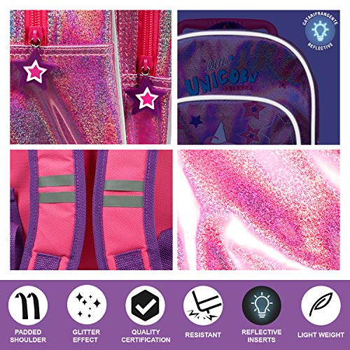 PERLETTI Mochila Trolley Unicornio Niña 2/5 Años con Bolsillo - Bolsa Infantil con Ruedas para Escuela Guardería Jardin de Infancia y Viajes - Bolso con Detalles Reflectantes - 32x23x15cm (Unicornio)