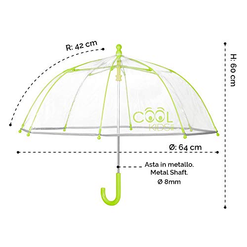 PERLETTI Paraguas Transparente Niño Niña Colores Neon - Paraguas de Burbuja0 con Ribete Reflectante - Resistente Antiviento - Apertura Manual de Seguridad - 3/6 Años - 64 cm de Diámetro (Verde)