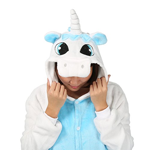 Pijama de unicornio Kigurumi con diseño de animales, unisex, para adultos, cosplay, Halloween, carnaval, disfraz, disfraz para mujer y hombre, azul, S