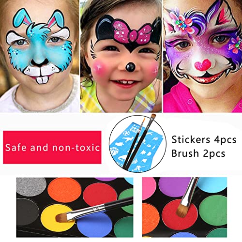 Pinturas Cara para Niños,15 Pinturas Corporal Base de Agua, 4 Plantillas 2 Pinceles, Pintura Facialpara Halloween Decoración, Fiestas, Cosplay, Santa, Carnaval