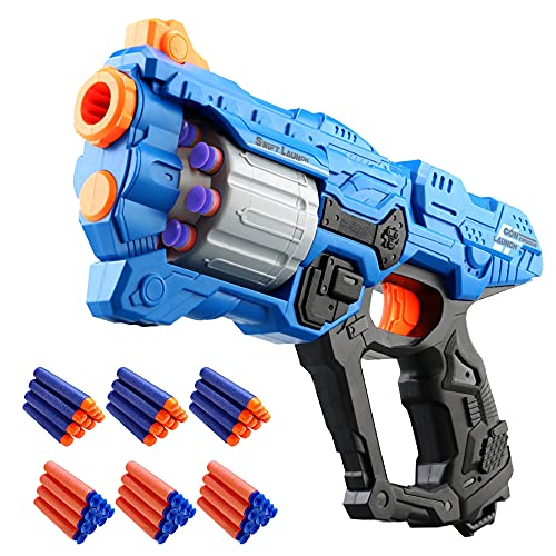 Pistola de Juguete para Flechas Nerf, Pistola de Dardos Espuma con Cañón Giratorio para 8 Balas +60 Darts, Juguete de Armas Juego de Disparps Infantiles, Regalos de Cumpleaños Niños de 6 a 15 Años