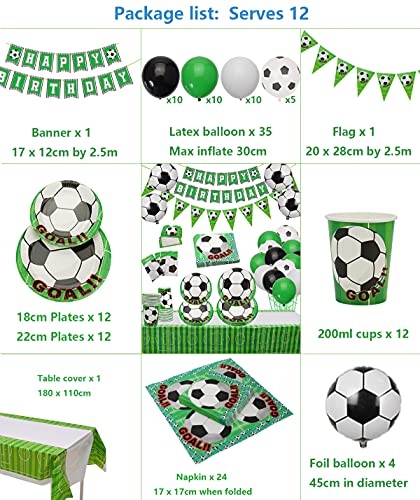 PIXHOTUL Decoración de fiesta de cumpleaños de fútbol, incluyendo platos de papel, tazas, servilletas, mantel, bandera y globos para fiestas de cumpleaños temáticas de fútbol (sirve 12)