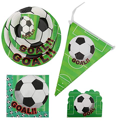 PIXHOTUL Decoración de fiesta de cumpleaños de fútbol, incluyendo platos de papel, tazas, servilletas, mantel, bandera y globos para fiestas de cumpleaños temáticas de fútbol (sirve 12)