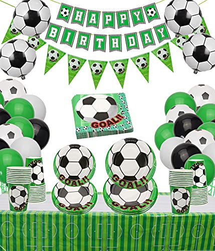 PIXHOTUL Decoración de fiesta de cumpleaños de fútbol, incluyendo platos de papel, tazas, servilletas, mantel, bandera y globos para fiestas de cumpleaños temáticas de fútbol (sirve 12)