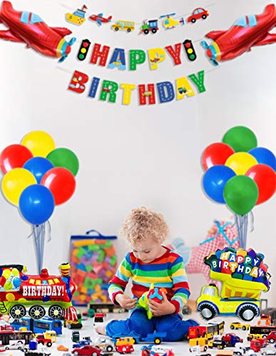 PIXHOTUL Decoraciones para Fiestas de Transporte, 3 Juegos de Pancartas de Happy Birthday de Transporte y 46 Globos Temáticos de Transporte para Fiestas de Cumpleaños Infantiles (Transporte)