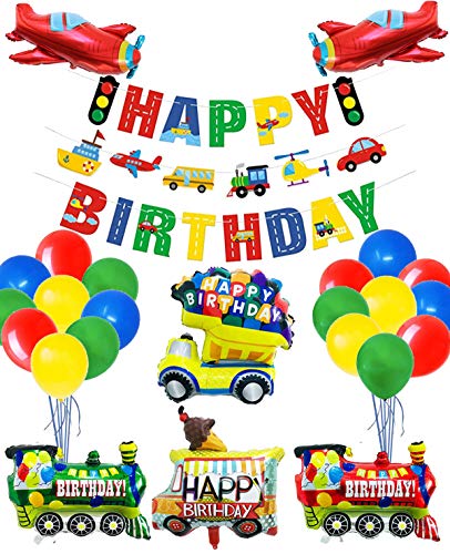 PIXHOTUL Decoraciones para Fiestas de Transporte, 3 Juegos de Pancartas de Happy Birthday de Transporte y 46 Globos Temáticos de Transporte para Fiestas de Cumpleaños Infantiles (Transporte)