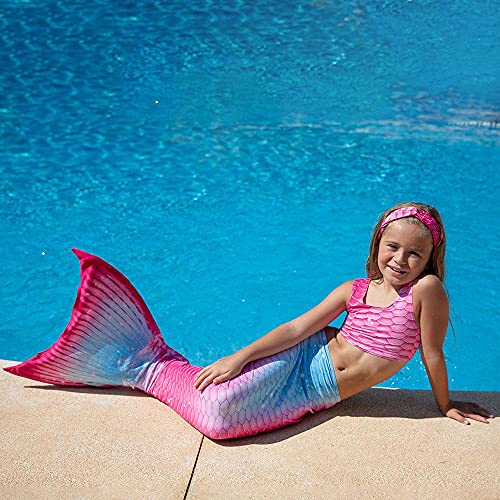 Planet Mermaid Juego de disfraz de sirena de color vivo para niñas, incluye ayuda de natación líder del Reino Unido, aleta mágica, cola, camiseta corta y calzoncillos., rosa (Passion), 8-9 Años