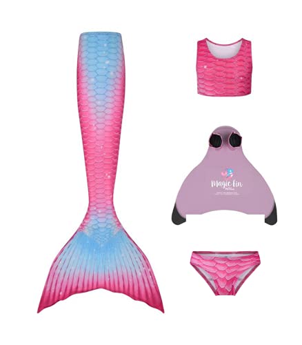 Planet Mermaid Juego de disfraz de sirena de color vivo para niñas, incluye ayuda de natación líder del Reino Unido, aleta mágica, cola, camiseta corta y calzoncillos., rosa (Passion), 8-9 Años