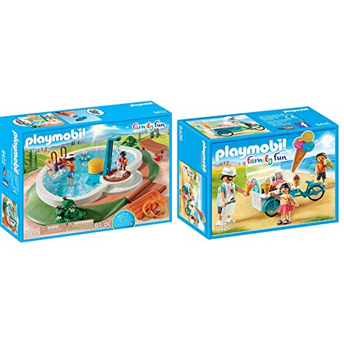 PLAYMOBIL Family Fun Piscina con Bomba de Agua para la Ducha, A Partir de 4 años (9422) + Carrito de Helados Juguete, Multicolor (Geobra Brandstätter 9426)