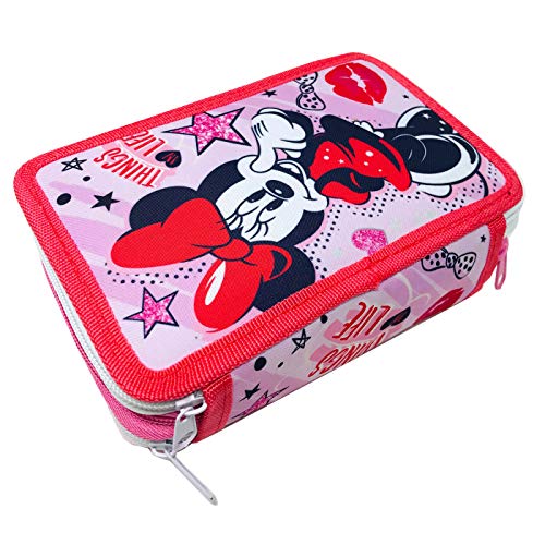 Plumier 3 Cremalleras Estuche de 3 Pisos Minnie Estuche Escolar Niña Estuche 43 piezas, Color Rosa