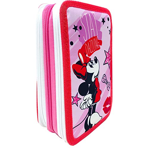 Plumier 3 Cremalleras Estuche de 3 Pisos Minnie Estuche Escolar Niña Estuche 43 piezas, Color Rosa