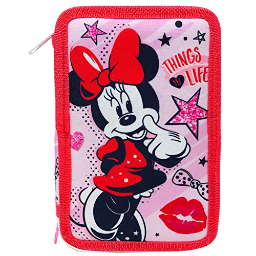 Plumier 3 Cremalleras Estuche de 3 Pisos Minnie Estuche Escolar Niña Estuche 43 piezas, Color Rosa