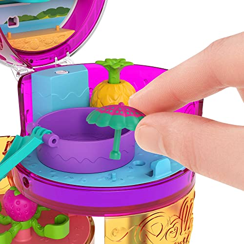 Polly Pocket Cascada Polly-sorpresas, cofre zumo de frutas con juego de agua para muñecas con accesorios sorpresa, juguete +4 años (Mattel HFP99)