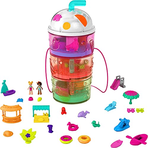 Polly Pocket Cascada Polly-sorpresas, cofre zumo de frutas con juego de agua para muñecas con accesorios sorpresa, juguete +4 años (Mattel HFP99)