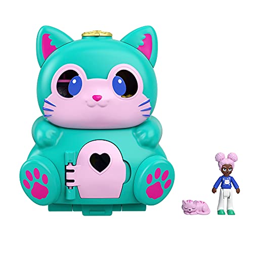 Polly Pocket Gatito vuelto, cofre gato con asa y con muñeca, juguete para niñas y niños mayores de 4 años (Mattel GTM61)